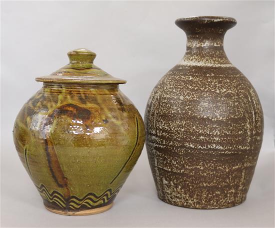 A Michael Leach Yelland Pottery vase and a Clive Bowen Studio Pottery jar and cover, H 32 & 26cm approx